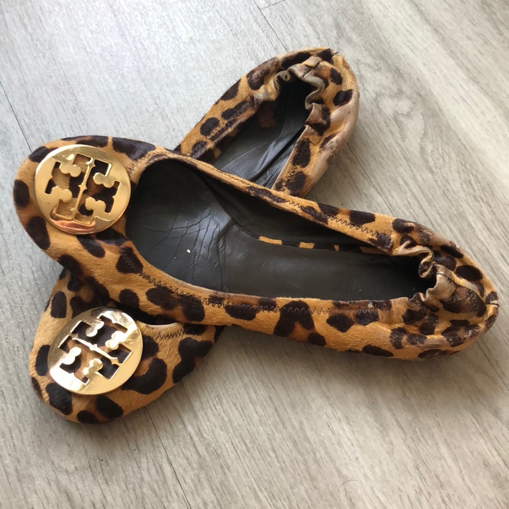 Tory Burch leopard print horse Reva hair flats